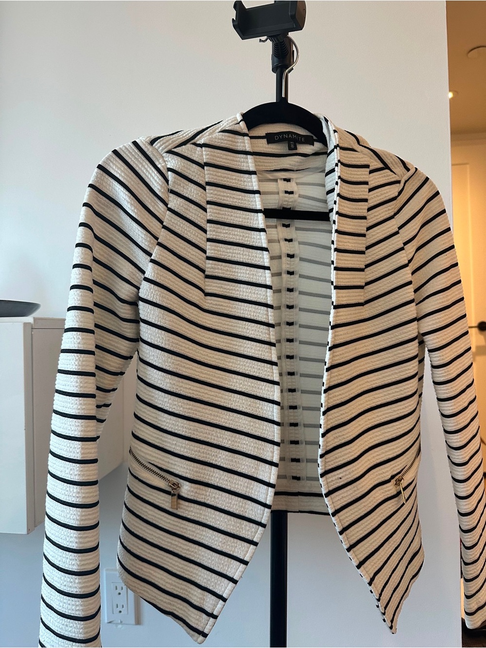 Dynamite Women's Black & White Striped Open Front Jacket